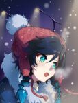  1boy absurdres aqua_eyes aqua_hair black_hair bobblehat braid fur_trim genshin_impact hat highres lkari_shi male_focus multicolored_hair open_mouth red_headwear snowing solo twin_braids venti_(genshin_impact) 