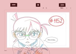  1boy adjusting_bowtie bow bowtie edogawa_conan english_commentary episode_number glasses highres jacket lineart long_sleeves looking_at_viewer meitantei_conan meme parody peru production_art shirt short_hair speech_bubble spot_color v-shaped_eyebrows yinxelh 