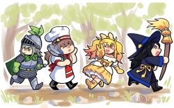  alternate_universe armor black_hair blonde_hair bow broom brown_hair chef chef_hat frying_pan grey_hair hair_bow hat highres hinomori_shiho holding holding_broom holding_frying_pan holding_weapon hoshino_ichika_(project_sekai) knight miitopia mochizuki_honami project_sekai tenma_saki v weapon witch witch_hat 