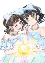  2girls alt_text animification armpit_crease bare_shoulders black_hair blue_bow blue_dress blue_hairband blush bow bow_hairband brown_eyes brown_hair commentary_request detached_sleeves dress eye_contact flower_stand_art frilled_sleeves frills frontrivers_kae fruit_punch_(love_live!) hair_bow hairband highres holding_together link!_like!_love_live! looking_at_another love_live! momose_ginko multiple_girls raised_inner_eyebrows real_life sakurai_hina short_hair simple_background strapless strapless_dress virtual_youtuber voice_actor voice_actor_connection wavy_hair white_background 