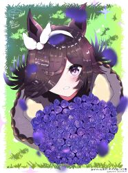  1girl 323mihumi animal_ears blush bouquet bow_hairband brown_dress brown_hair casual commentary_request dress flipped_hair hair_over_one_eye hairband highres holding holding_bouquet horse_ears horse_girl long_hair long_sleeves looking_at_viewer looking_up open_mouth petals rice_shower_(casual)_(umamusume) rice_shower_(umamusume) smile solo umamusume violet_eyes white_hairband 