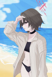  beach black_hair blue_archive choker clear_sky commentary_request halo highres hukuro_kasiwa misaki_(blue_archive) ocean one-piece_swimsuit red_halo sand shirt short_hair sky sunlight swimsuit 