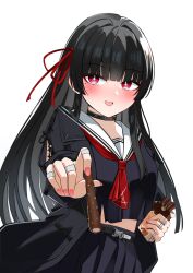  1girl :d absurdres ascot black_choker black_hair black_serafuku black_shirt black_skirt blunt_bangs blush bright_pupils chisa_(wuthering_waves) chocolate choker commentary fingernails food hair_ribbon highres holding holding_chocolate holding_food holding_pocky incoming_food jewelry long_hair looking_at_viewer mole mole_under_eye multiple_rings open_mouth pocky red_ascot red_eyes red_ribbon ribbon ring sailor_collar school_uniform serafuku shirt simple_background skirt smile solo tacet_mark_(wuthering_waves) toraneko21_7 white_background white_pupils white_sailor_collar wuthering_waves 