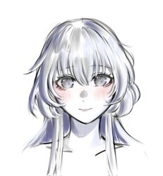  1girl alternate_skin_color closed_mouth colored_skin commentary cropped_shoulders dot_nose english_commentary eyelashes glow_(shining_nikki) grey_eyes grey_hair hair_between_eyes happy highres light_blush lipstick long_hair long_sidelocks makeup nikki_(series) nonoberry22 pink_lips shining_nikki sidelocks simple_background smile solo straight-on white_background white_skin 