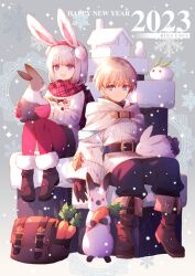 1boy 1girl 2023 animal carrot commentary_request fantasy holding holding_animal holding_rabbit original rabbit sitting snow usui_rina white_hair 