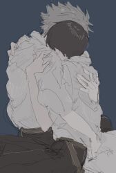  2boys belt black_hair black_pants collared_shirt grey_hair highres hug ikari_shinji male_focus multiple_boys nagisa_kaworu neon_genesis_evangelion pants school_uniform shirt shirt_tucked_in short_hair simple_background sketch tokyo-3_middle_school_uniform umum5353 white_shirt 