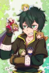  2girls 4boys :d :o amaki_ren animal_ears arm_shield bird_girl bird_wings black_hair black_shirt blonde_hair blue_dress blue_eyes blunt_bangs brown_gloves brown_hair brown_shirt cape chibi clenched_teeth collarbone commentary_request double-parted_bangs dress elbow_gloves feathered_wings filo_(tate_no_yuusha_no_nariagari) fingerless_gloves full_body fur-trimmed_gloves fur_trim gloves green_eyes green_hair green_pants hair_between_eyes holding holding_polearm holding_shield holding_weapon iwatani_naofumi kawasumi_itsuki kino124 kitamura_motoyasu layered_shirt legendary_shield_(small_shield)_(tate_no_yuusha_no_nariagari) legendary_shield_(tate_no_yuusha_no_nariagari) legendary_spear_(tate_no_yuusha_no_nariagari) long_hair long_sleeves looking_at_another looking_up male_focus messy_hair multiple_boys multiple_girls on_shoulder open_mouth pants parted_bangs pink_eyes polearm ponytail raccoon_ears raccoon_girl raccoon_tail raphtalia red_cape red_eyes shield shirt short_hair short_sleeves smile solo_focus spear straight_hair tail tate_no_yuusha_no_nariagari teeth tongue translation_request upper_body weapon white_wings wings 