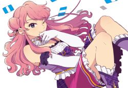  1girl aikatsu!_(series) aikatsu_friends! bare_shoulders blue_eyes breasts center_frills chono_maika commentary_request detached_collar elbow_gloves feet_out_of_frame frilled_skirt frills gloves hair_bun hand_to_own_mouth idol_clothes kumo_suzume long_hair looking_at_viewer medium_breasts miniskirt one_eye_closed pink_hair purple_shirt purple_skirt shirt single_side_bun sitting skirt smile solo strapless strapless_shirt white_gloves 