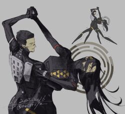  1boy 1girl adler_(signalis) android black_hair closed_eyes commentary_request cowboy_shot dancing dated facial_mark falke_(signalis) forehead_mark fune_(nkjrs12) grey_background highres holding_hands long_hair metal_skin multiple_views outstretched_arm short_hair signalis signature simple_background skin_seams smile 