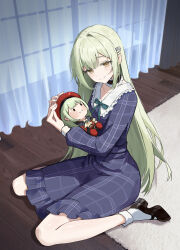  1girl absurdres bang_dream! bang_dream!_it's_mygo!!!!! black_choker black_shoes blue_dress blue_eyes blush chiyikoupangsanjin choker closed_mouth commentary_request curtains dress frilled_choker frills green_hair hair_ornament hairclip highres indoors long_hair long_sleeves looking_at_viewer mortis_(bang_dream!) mortis_(costume)_(bang_dream!) on_floor plaid_clothes plaid_dress shoes sitting socks solo wakaba_mutsumi wakaba_mutsumi_(doll) wariza white_socks yellow_eyes 