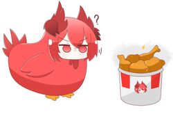  ? animalization arknights bird bucket chicken chicken_(food) commentary_request fiammetta_(arknights) food fried_chicken highres jitome kfc naga_u_(style) no_humans parody ponyupdaddy v-shaped_eyebrows 