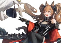  1girl :d angelina_(arknights) animal_ear_fluff animal_ears arknights arknights:_endfield bag bare_shoulders beak_hold bird black_bag black_gloves black_thighhighs bracelet breasts brown_hair coat commentary_request diamond-shaped_pupils diamond_(shape) dove dress elbow_gloves floating_hair fox_ears fox_girl fox_tail gilberta_(arknights) gloves grey_dress hat highres impossible_clothes impossible_dress infection_monitor_(arknights) jewelry letter long_sleeves looking_at_animal medium_breasts messenger_bag mouth_hold off_shoulder open_clothes open_coat orange_eyes peaked_cap red_coat regit_etihw shoulder_bag simple_background sleeveless sleeveless_dress smile solo symbol-shaped_pupils tail thigh-highs twintails upper_body wax_seal white_background 