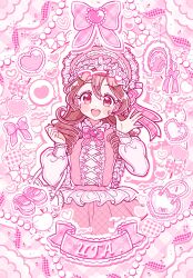  1girl alternate_costume alternate_hairstyle bag blush_stickers bonnet bow bowtie brooch brown_hair character_name commentary dress drill_hair frilled_dress frilled_hat frills handbag hat heart highres holding holding_bag jewelry keplerlovelive kimi_to_idol_precure lolita_fashion long_hair long_sleeves looking_at_viewer open_mouth pink_bow pink_bowtie pink_dress pink_eyes pink_hat pink_theme precure ribbon sakura_uta_(precure) shoes smile solo sparkle spoken_heart two-tone_dress unworn_shoes waving white_dress 