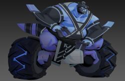  alien arm_blade ben_10 black_helmet black_skin blank_eyes blue_skin colored_skin facial_mark fat helmet highres jzdraws kineceleran multicolored_skin muscular muscular_male original sumo tail two-tone_skin weapon wheel white_eyes 