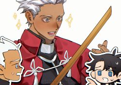  2boys archer_(fate) black_hair blue_eyes blush bokken chibi chibi_inset code3755 commentary_request fate/grand_order fate_(series) fujimaru_ritsuka_(male) fujimaru_ritsuka_wa_wakaranai grey_eyes highres male_focus multiple_boys open_mouth pointing smile sparkle sweatdrop sword watermark weapon white_hair wooden_sword 