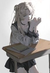  1girl absurdres alternate_costume bishoujo_senshi_sailor_moon black_choker black_skirt blonde_hair blue_eyes choker desk double_bun english_commentary hair_bun hands_up highres long_hair looking_at_viewer nenem_(kimnenemmm_art) notebook open_mouth pencil pleated_skirt school_desk school_uniform serafuku skirt solo thighs tsukino_usagi white_background 