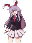  1girl :d animal_ears black_jacket blazer collared_shirt commentary crescent crescent_pin eddybird55555 english_commentary highres jacket long_hair long_sleeves looking_at_viewer necktie open_mouth pink_skirt pleated_skirt purple_hair rabbit_ears rabbit_girl red_eyes red_necktie reisen_udongein_inaba ringed_eyes shirt sidelocks simple_background skirt smile solo touhou white_background white_shirt 