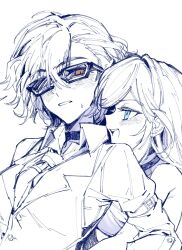  2girls armpit_crease bare_shoulders blue_eyes blush ceras_yanagida_lilienfeld choker clenched_teeth collared_shirt commentary edel_note greyscale highres katsuragi_izumi link!_like!_love_live! long_hair love_live! monochrome multiple_girls open_mouth orange_eyes shirt simple_background spot_color sunglasses teeth upper_body vest virtual_youtuber white_background yrxy_settingsun 