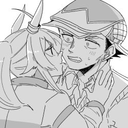  1boy 1girl animal_ears blush ear_ornament face-to-face hat highres horse_ears horse_girl kasamatsu_tracen_training_uniform kitahara_jou long_hair newsboy_cap oguri_cap_(umamusume) sweater_vest umamusume umamusume:_cinderella_gray uz_trpg_414 