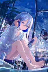  1girl air_bubble bare_legs barefoot blue_eyes blush bubble buttons can chinese_commentary closed_mouth clouds commentary_request dress drink_can feet flower forest_0 frilled_shirt_collar frills grey_dress grey_hair hair_between_eyes hands_on_headphones headphones highres holding instrument jewelry legs long_bangs long_hair long_hair_between_eyes long_sleeves looking_at_viewer microphone mixed-language_commentary necklace night outdoors piano plant pop_filter project_sekai see-through_clothes see-through_sleeves short_dress sidelocks sitting sky smile solo toes very_long_hair violet_eyes water yoisaki_kanade 