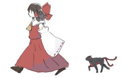  1girl animalization ascot black_cat bow brown_hair cat commentary detached_sleeves full_body hair_bow hair_tubes hakurei_reimu kaenbyou_rin kaenbyou_rin_(cat) long_hair multiple_tails red_bow red_skirt ribbon-trimmed_sleeves ribbon_trim simple_background skirt skirt_set tail tktkhappymchyru touhou two_tails walking white_background yellow_ascot 