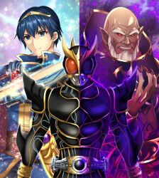 3boys bald beard binding_shield blue_eyes blue_hair bracelet commentary_request commission crossover earrings facial_hair fingernails fire_emblem fire_emblem:_mystery_of_the_emblem jewelry kakiko210 kamen_rider kamen_rider_kuuga kamen_rider_kuuga_(series) kamen_rider_kuuga_(ultimate_form) long_fingernails male_focus marth_(fire_emblem) medeus multiple_boys old old_man pointy_ears shield short_hair skeb_commission sword tiara variant_set weapon