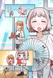  2girls black_socks blue_ribbon blush braid closed_eyes commentary_request day electric_fan food fruit gakuen_idolmaster green_eyes grey_shorts h77kobato hair_ribbon half_up_braid highres holding holding_tray idolmaster katsuragi_lilja mole mole_under_eye multiple_girls ponytail ribbon shirt shiun_sumika short_hair shorts smile socks sweat tray watermelon watermelon_slice white_hair white_shirt 