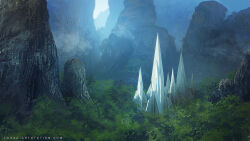  building commentary day english_commentary fog jungle landscape mountain mountainous_horizon nature original outdoors painterly scenery science_fiction sunlight sylvain_sarrailh tower valley web_address 