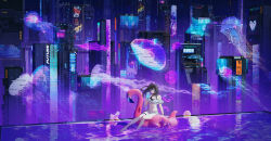  1girl absurdres black_hair blue_eyes building city city_lights cityscape commentary_request cup cyberpunk drink highres holding holding_cup jellyfish long_hair neon_lights neon_palette night original pool scenery science_fiction sidelocks skyscraper solo swimsuit thigh_strap zarea 