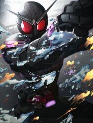  1boy absurdres armor black_armor black_helmet clear_glass_(mildmild1311) commentary_request cowboy_shot gaia_memory helmet highres kamen_rider kamen_rider_joker kamen_rider_w male_focus red_eyes rider_belt solo tokusatsu 