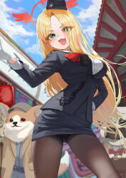  1girl absurdres black_hat black_pantyhose blue_archive bow bowtie commentary_request fang garrison_cap gloves gradient_halo halo hand_on_own_hip hat highres intercom multicolored_halo official_alternate_costume pantyhose pencil_skirt pina_(blue_archive) pina_(guide)_(blue_archive) red_bow red_bowtie red_halo skin_fang skirt smile solo_focus tour_guide ubeuna walkie-talkie white_gloves winged_halo 