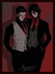  1boy 1girl adler_(signalis) alternate_costume android black_hair black_jacket black_necktie black_pants black_suit border buttons collared_shirt cowboy_shot dated elster_(signalis) fune_(nkjrs12) grey_vest hand_in_pocket hand_on_another's_shoulder highres jacket looking_at_viewer necktie pants red_background red_border red_shirt shirt short_hair signalis signature skin_seams standing suit vest white_vest 