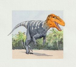  allosaurus animal_focus claws colored_skin commentary dinosaur highres multicolored_skin no_humans open_mouth original outside_border painting_(medium) paleoart sharp_teeth shin'ichiroo solo teeth theropod traditional_media tree watercolor_(medium) 