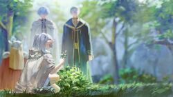  1girl 3boys beard blue_hair blue_tunic blurry blurry_background dwarf eisen_(sousou_no_frieren) elf faceless faceless_male facial_hair fake_horns flower frieren glasses grass green_hair heiter helmet himmel_(sousou_no_frieren) horned_helmet horns long_beard multiple_boys outdoors pointy_ears quasarcake short_hair sousou_no_frieren squatting standing tree tunic twintails white_hair 