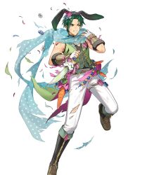  1boy animal_ears battle_damage belt black_boots black_hairband black_pants black_shirt blue_scarf boots carrot clenched_teeth dagger damaged easter_egg egg fake_animal_ears fighting_stance fingerless_gloves fire_emblem fire_emblem:_path_of_radiance fire_emblem:_radiant_dawn fire_emblem_heroes gloves green_hair green_jacket green_vest hairband highres holding holding_dagger holding_knife holding_weapon jacket knife male_focus non-web_source official_alternate_costume official_art open_mouth pants rabbit_ears scarf shirt sleeveless solo sothe_(fire_emblem) sothe_(in_the_breeze)_(fire_emblem) teeth torn_clothes torn_pants tsunakawa vest weapon white_gloves yellow_eyes 