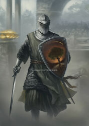  1boy 1other a_knight_of_the_seven_kingdoms a_song_of_ice_and_fire armor artist_name chainmail commentary draw_souls duncan_the_tall english_commentary fog full_armor gauntlets helmet holding holding_shield holding_sword holding_weapon male_focus outdoors patreon_username planted planted_sword shield shooting_star sword tree weapon web_address 