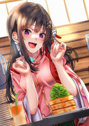  1girl :d black_hair blush breasts commentary_request cowboy_shot drink dual_wielding dutch_angle eyelashes fingernails food food_on_face fork glass hair_between_eyes hair_ornament hairclip hands_up happy heaven_burns_red highres holding holding_fork holding_knife indoors japanese_clothes knife lips long_hair long_sleeves looking_at_food looking_down medium_breasts nikaidou_misato noir_(nowaru) open_mouth pancake pancake_stack parallel_hairclips revision signature sitting smile solo straight_hair tassel tassel_hair_ornament teeth tsurime upper_teeth_only violet_eyes wide_sleeves 
