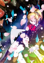  4boys 4girls absurdres aigis_(persona) amada_ken android black_shoes black_skirt blonde_hair blue_hair boots bow cardigan cherry_blossoms closed_eyes commentary dog falling_petals gekkoukan_high_school_uniform gold_hairband hairband highres iori_junpei kirijou_mitsuru koromaru_(persona) lap_pillow multiple_boys multiple_girls oeilvert_fft persona persona_3 petals red_bow ribbed_cardigan s.e.e.s sanada_akihiko school_uniform shoes skirt sleeping star_(sky) starry_sky_background surrounded takeba_yukari thigh_boots wallet_chain yamagishi_fuuka yuuki_makoto_(persona_3) 