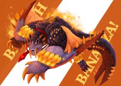  1boy banana barioth claws commentary decayingnorth donkey_kong donkey_kong_(series) donkey_kong_bananza dragon english_commentary english_text fangs food fruit highres long_fangs monster monster_focus monster_hunter_(series) necktie no_humans open_mouth red_necktie sabretooth_tiger spiked_wings tail tusks wings wyvern yellow_eyes 