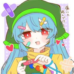  1girl ^_^ animal_print anzu_cha709 apron arm_ribbon bandaid blue_hair blue_ribbon blush_stickers bow bow_print cat_print closed_eyes commentary dress dress_bow flower_ornament green_apron green_bow green_headscarf haniwa_(statue) haniyasushin_keiki headscarf heart heart_print highres holding holding_bandaid long_hair looking_at_viewer multiple_bandaids open_mouth red_eyes ribbon single_strap solo sparkle touhou translated yellow_dress 