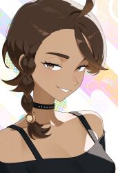  1girl absurdres ahoge black_choker braid breasts brown_eyes brown_hair choker collarbone freckles grin highres juliana_(pokemon) looking_at_viewer otokakoto pokemon pokemon_sv portrait small_breasts smile solo tan teeth upper_body 