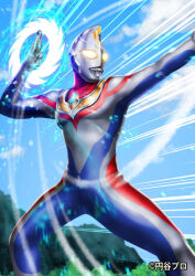  1boy alien armor blue_skin blue_sky breastplate clouds color_timer colored_skin commentary compound_eyes copyright_notice crystal day dorsal_fin energy_disk feet_out_of_frame forehead_jewel forest giant giant_male glowing glowing_eyes gradient_eyes hand_up legs_apart looking_ahead male_focus motion_lines multicolored_eyes multicolored_skin nature no_pupils official_art outdoors outstretched_arm pectorals powering_up red_skin silver_skin sky solo speed_lines standing tokusatsu toned toned_male ultra_series ultra_slash ultraman_dyna ultraman_dyna_(flash_type) ultraman_dyna_(series) ultraman_fusion_fight! white_eyes yasukuni_kazumasa yellow_eyes 