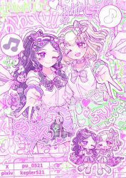  2girls ;) ;d ;o alternate_costume alternate_hairstyle arm_around_waist bag beamed_eighth_notes black_bow black_bowtie black_hair black_skirt blonde_hair blush_stickers bow bowtie braid carrying cellphone_charm character_name charm_(object) chibi closed_mouth clothes_around_waist commentary drawing_(action) dress_shirt eighth_note english_text facial_mark green_outline green_sweater gyaru hair_bow hair_ornament hairclip heart heart_facial_mark highres keplerlovelive kimi_to_idol_precure loose_socks meroron_(fairy)_(precure) meroron_(precure) miniskirt multiple_girls musical_note musical_note_hair_ornament one_eye_closed one_side_up open_mouth out_of_frame outline pink_eyes pixiv_username pleated_skirt precure purirun_(fairy)_(precure) purirun_(precure) purple_outline purple_sweater romaji_text school_bag school_uniform scrunchie shirt short_hair side-by-side side_braids skirt sleeves_rolled_up smile socks spoken_musical_note star_(symbol) sweater sweater_around_waist tanaka_meron tanaka_purin translated twitter_username v violet_eyes white_bow white_bowtie white_shirt wing_collar wrist_scrunchie x_hair_ornament 