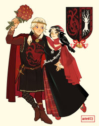  1boy 1girl a_song_of_ice_and_fire aegon_v_targaryen animal_on_shoulder arm_around_neck arm_around_waist arte072 artist_name bell belt betha_blackwood bird bird_on_shoulder black_bird black_dress black_hair black_tunic blonde_hair boots bouquet breasts brown_belt brown_boots circlet cloak commentary couple crow crown dagger dragon dress english_commentary flower full_body grey_eyes headscarf hetero highres holding holding_bouquet husband_and_wife jewelry knife looking_at_another medium_breasts one_eye_closed red_cloak red_flower red_scarf red_shirt ring scarf sheath sheathed shirt sigil smile tree tunic violet_eyes weapon white_background 