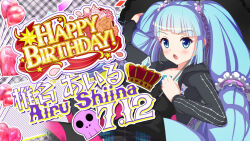  1girl :o arm_up bad_id balloon bilingual_text black_jacket black_shirt black_umbrella blue_eyes blue_hair blush chain character_name collarbone confetti crown english_text flower frilled_umbrella frills game_cg hand_in_own_hair hand_up happy_birthday headdress heart_balloon holding holding_umbrella idol_wars jacket long_hair long_sleeves looking_at_viewer mixed-language_text official_art open_clothes open_jacket open_mouth orange_flower orange_rose plaid_background red_crown red_ribbon ribbon rose second-party_source shiina_airu shirt sidelocks skull solo star_(symbol) string_of_flags twintails umbrella under_umbrella upper_body very_long_hair 