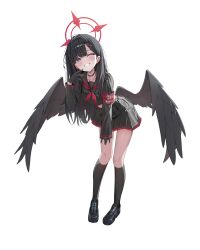  1girl absurdres armband black_choker black_hair black_sailor_collar black_serafuku black_skirt black_socks black_wings blue_archive blue_eyes choker commentary feathered_wings finger_to_cheek full_body grin hair_ornament hairclip halo hashtag-only_commentary heart highres ichika_(blue_archive) kneehighs leaning_forward light_blush loafers long_hair long_sleeves low_wings midriff_peek neckerchief one_eye_closed pleated_skirt red_armband red_halo red_neckerchief safety_pin sailor_collar school_uniform serafuku shj1998z shoes simple_background single_sleeve_past_wrist skirt smile socks solo untranslatable_commentary unusually_open_eyes white_background wings 