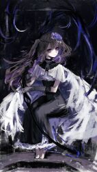  1girl absurdres barefoot black_background black_dress brown_hair capelet colored_inner_hair dress elbow_gloves expressionless flower full_body gloves grey_gloves hair_flower hair_ornament highres holding holding_scythe kowai7305 long_hair looking_at_viewer meimei_himari multicolored_hair parted_lips purple_flower purple_hair purple_rose rose scythe sitting sleeveless sleeveless_dress solo two_side_up violet_eyes voicevox white_capelet white_wings wings 