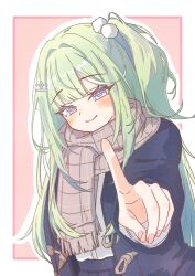  1girl absurdres blue_jacket blush border brown_scarf closed_mouth commentary_request daltokki34 fingernails green_hair hair_intakes hair_ornament hairclip highres index_finger_raised jacket korean_commentary layered_sleeves long_hair long_sleeves looking_at_viewer multicolored_eyes one_side_up open_clothes open_jacket outline outside_border outstretched_arm pink_background plaid_clothes plaid_scarf pom_pom_(clothes) pom_pom_hair_ornament scarf school_uniform shirt simple_background smile solo stellive two-tone_eyes upper_body violet_eyes virtual_youtuber white_border white_outline white_shirt yuzuha_riko 