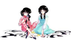  2girls absurdres black_hair chinese_clothes closed_mouth commentary_request crossed_legs cutting_hair cutting_own_hair dot_mouth en_0410 full_body fuurinkan_high_school_uniform grey_eyes highres holding holding_scissors long_hair multiple_girls pale_skin pants ranma-chan ranma_1/2 school_uniform scissors short_hair_with_long_locks sitting tendou_akane white_background 