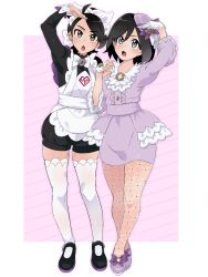  2boys :o ahoge apron arm_up black_hair black_romper black_shoes border calem_(pokemon) commentary_request cosplay crossdressing dress fishnet_pantyhose fishnets gloves hand_up headdress highres holding_hands jacinthe_(pokemon) jacinthe_(pokemon)_(cosplay) lebanne_(pokemon) lebanne_(pokemon)_(cosplay) long_sleeves looking_up male_focus multiple_boys outside_border pantyhose paxton_(pokemon) pokemon pokemon_legends:_z-a pokemon_xy purple_background purple_dress romper sana_(37pisana) shoes thigh-highs tilted_headwear white_apron white_border white_gloves white_thighhighs 